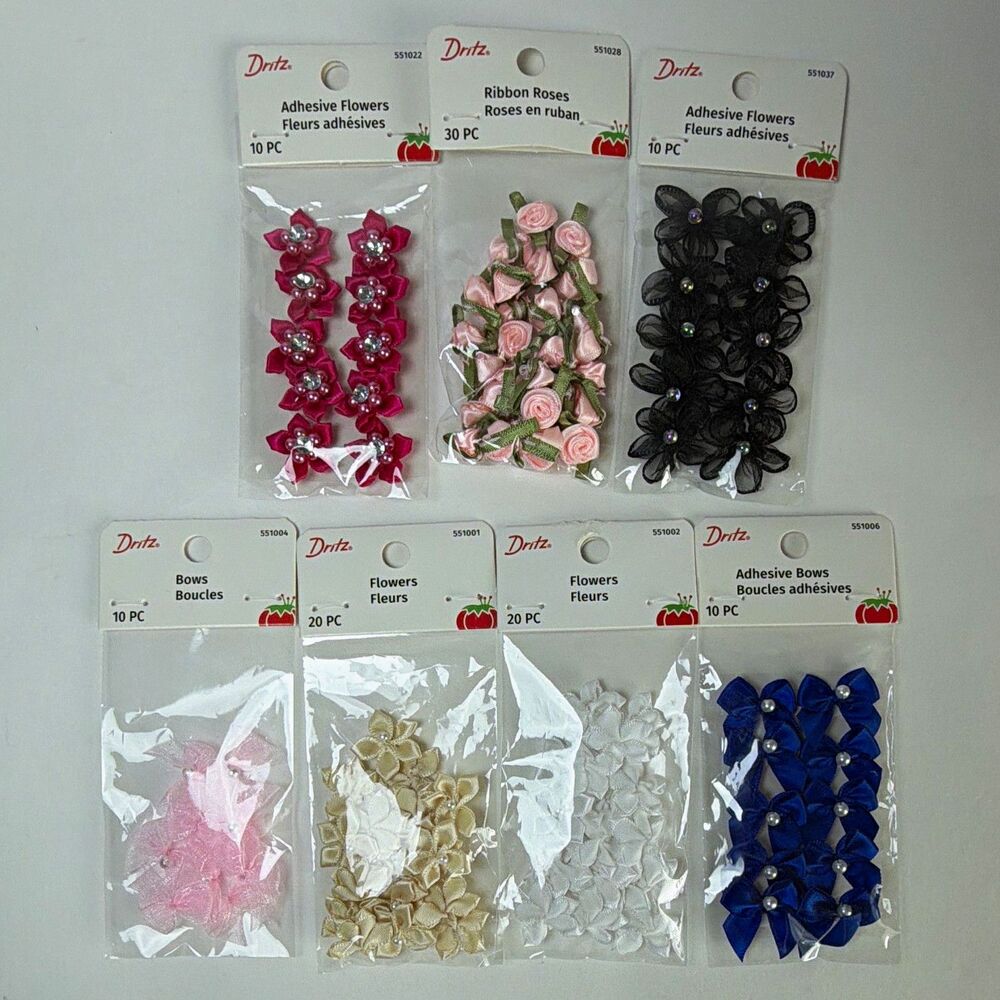 Dritz Lot of 7 Packs Ribbon Flowers Adhesive Bows & Ribbon Roses craft supplies